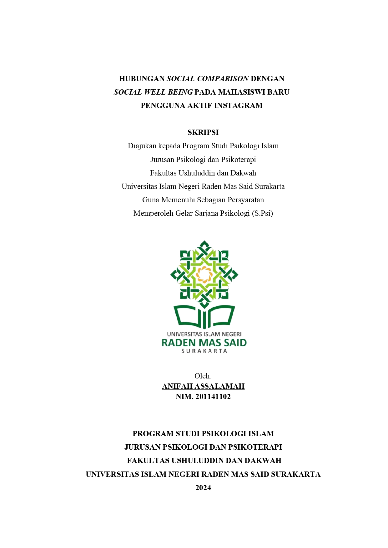 Hubungan Social Comparison Dengan Social Well Being Pada Mahasiswi Baru Pengguna Aktif Instagram