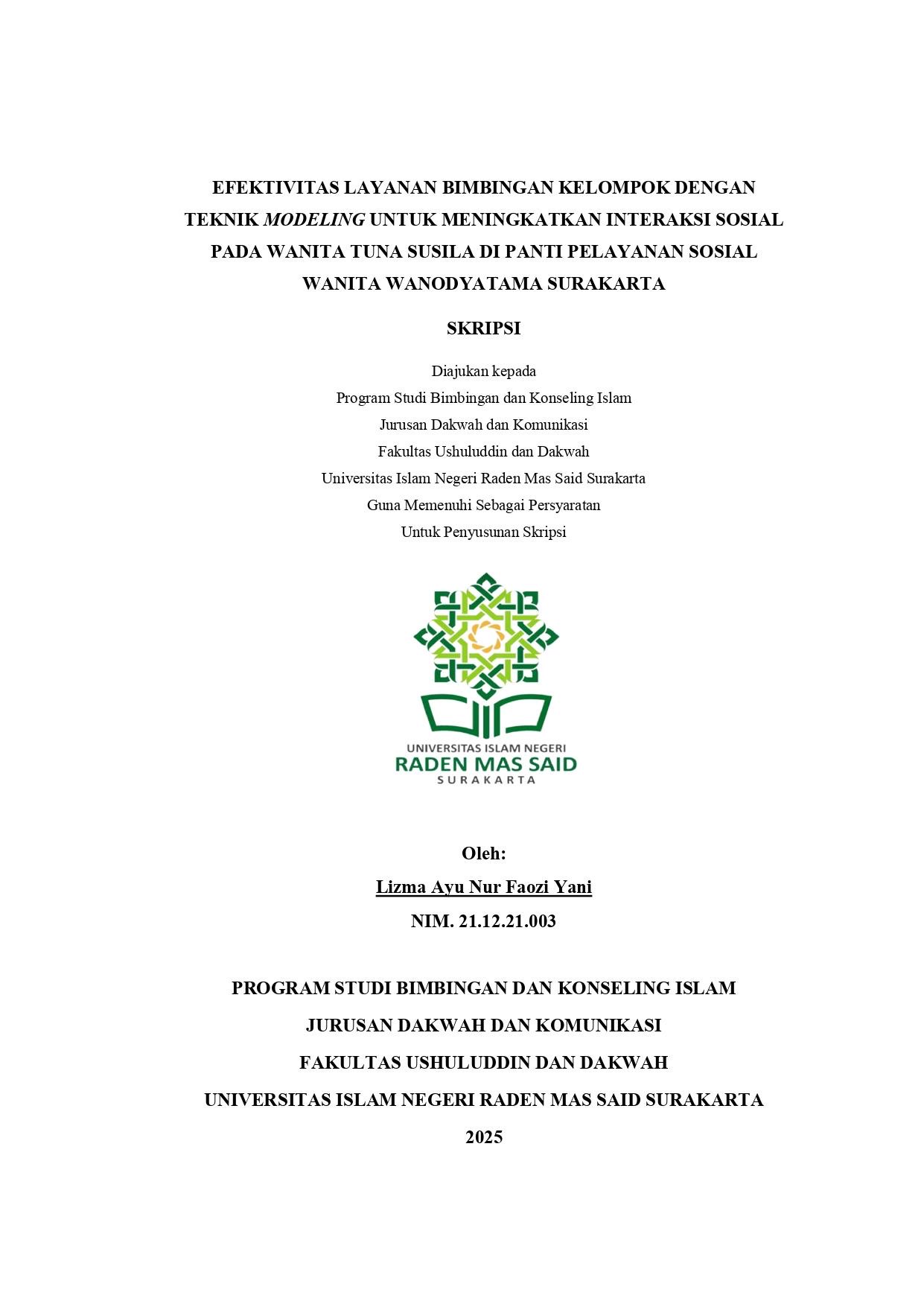 EFEKTIVITAS LAYANAN BIMBINGAN KELOMPOK DENGAN TEKNIK MODELING UNTUK MENINGKATKAN INTERAKSI SOSIAL PADA WANITA TUNA SUSILA DI PANTI PELAYANAN SOSIAL WANITA WANODYATAMA SURAKARTA