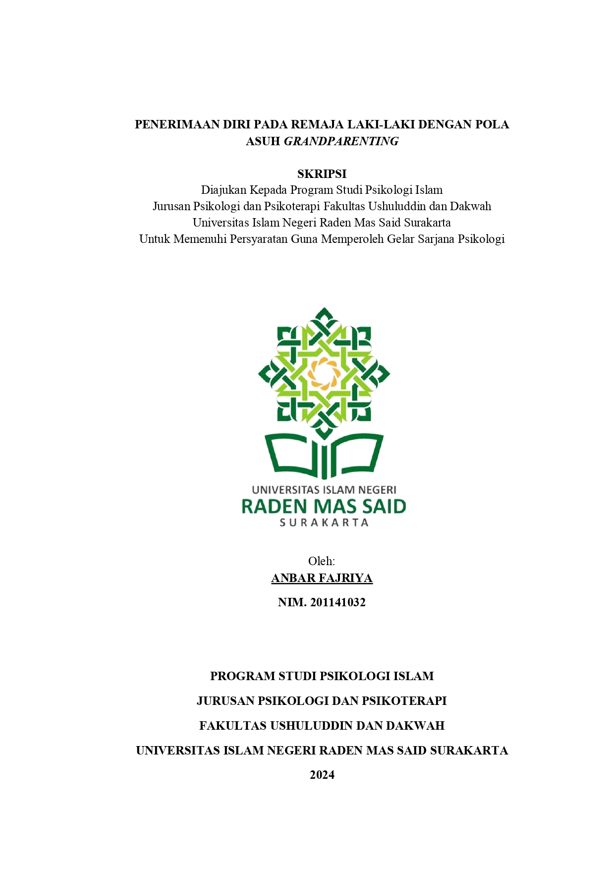 Penerimaan Diri Pada Remaja Laki-Laki 
Dengan Pola Asuh Grandparenting