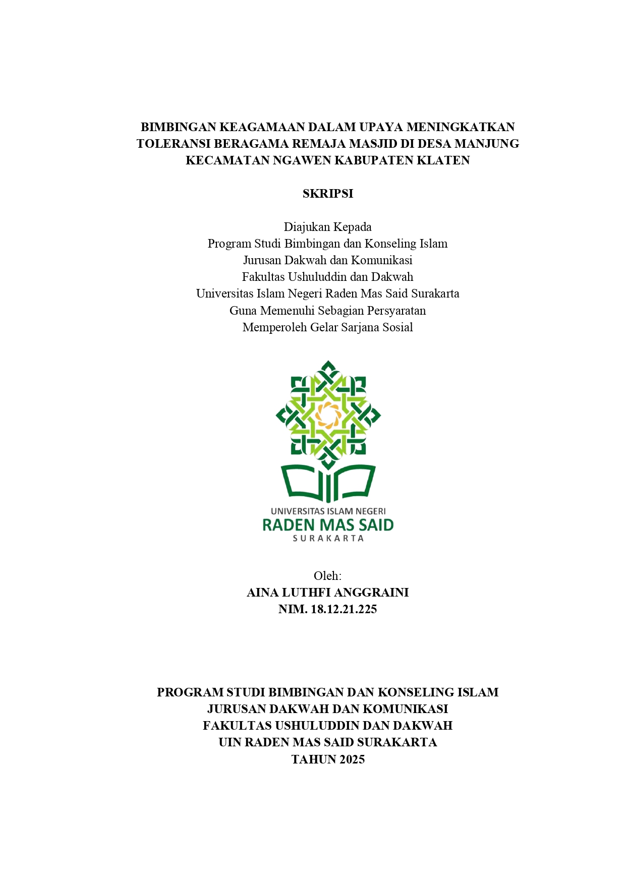 BIMBINGAN KEAGAMAAN DALAM UPAYA MENINGKATKAN TOLERANSI BERAGAMA REMAJA MASJID DI DESA MANJUNG KECAMATAN NGAWEN KABUPATEN KLATEN