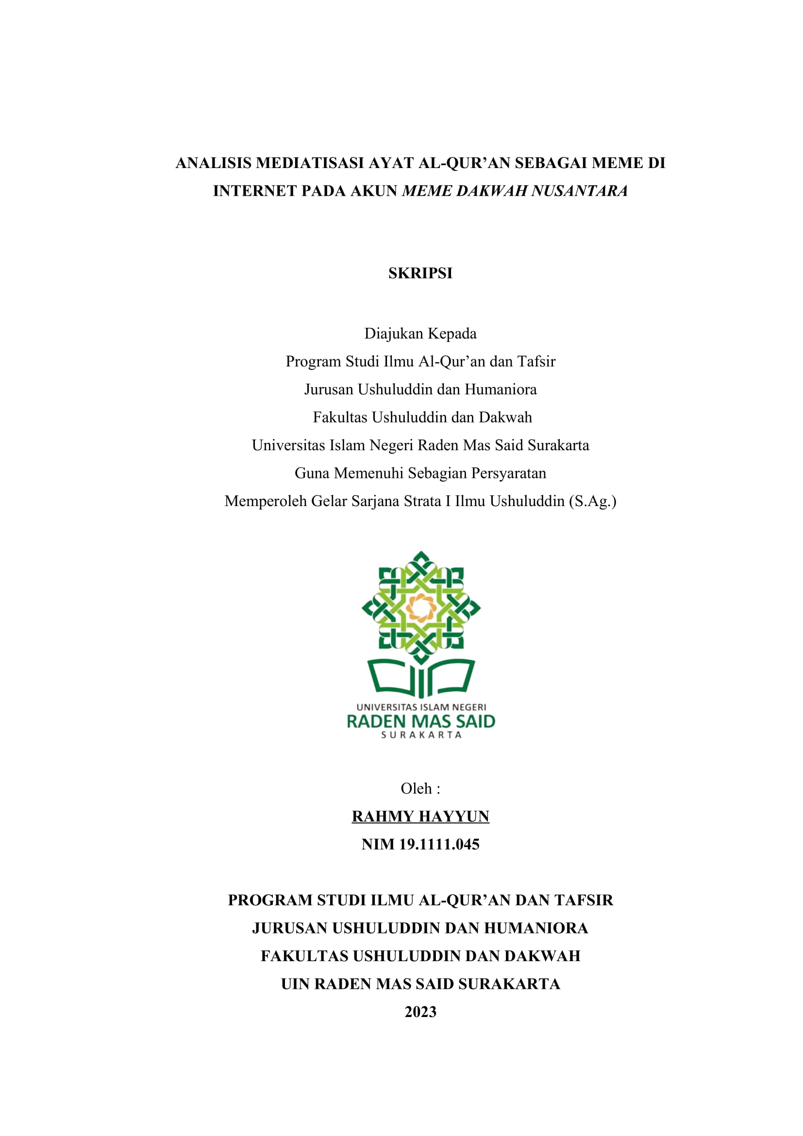 ANALISIS MEDIATISASI AYAT AL-QUR?AN SEBAGAI MEME DI INTERNET PADA AKUN MEME DAKWAH NUSANTARA