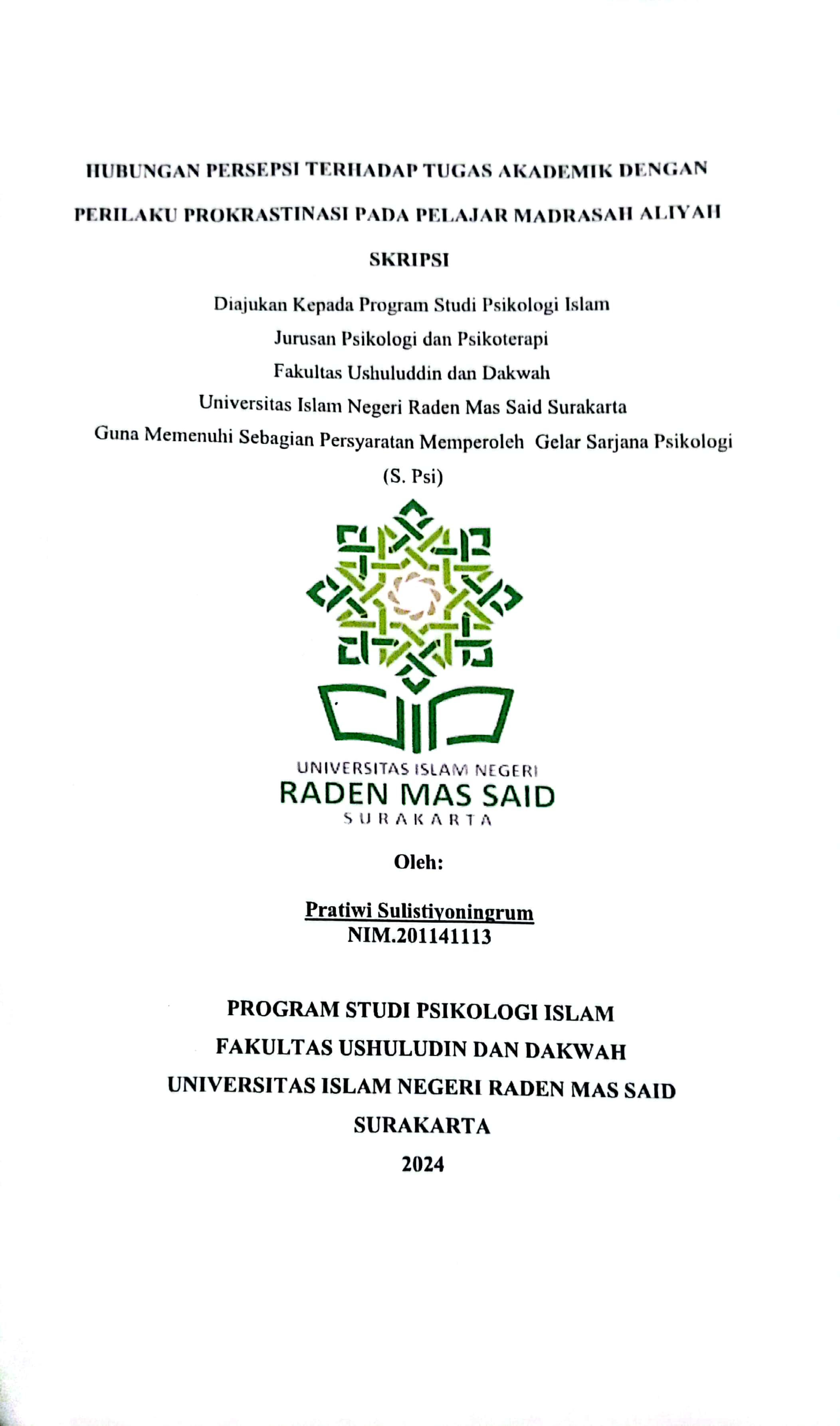 Hubungan antara Persepsi terhadap Tugas Akademik dengan Prokrastinasi pada Pelajar Madrasah Aliyah