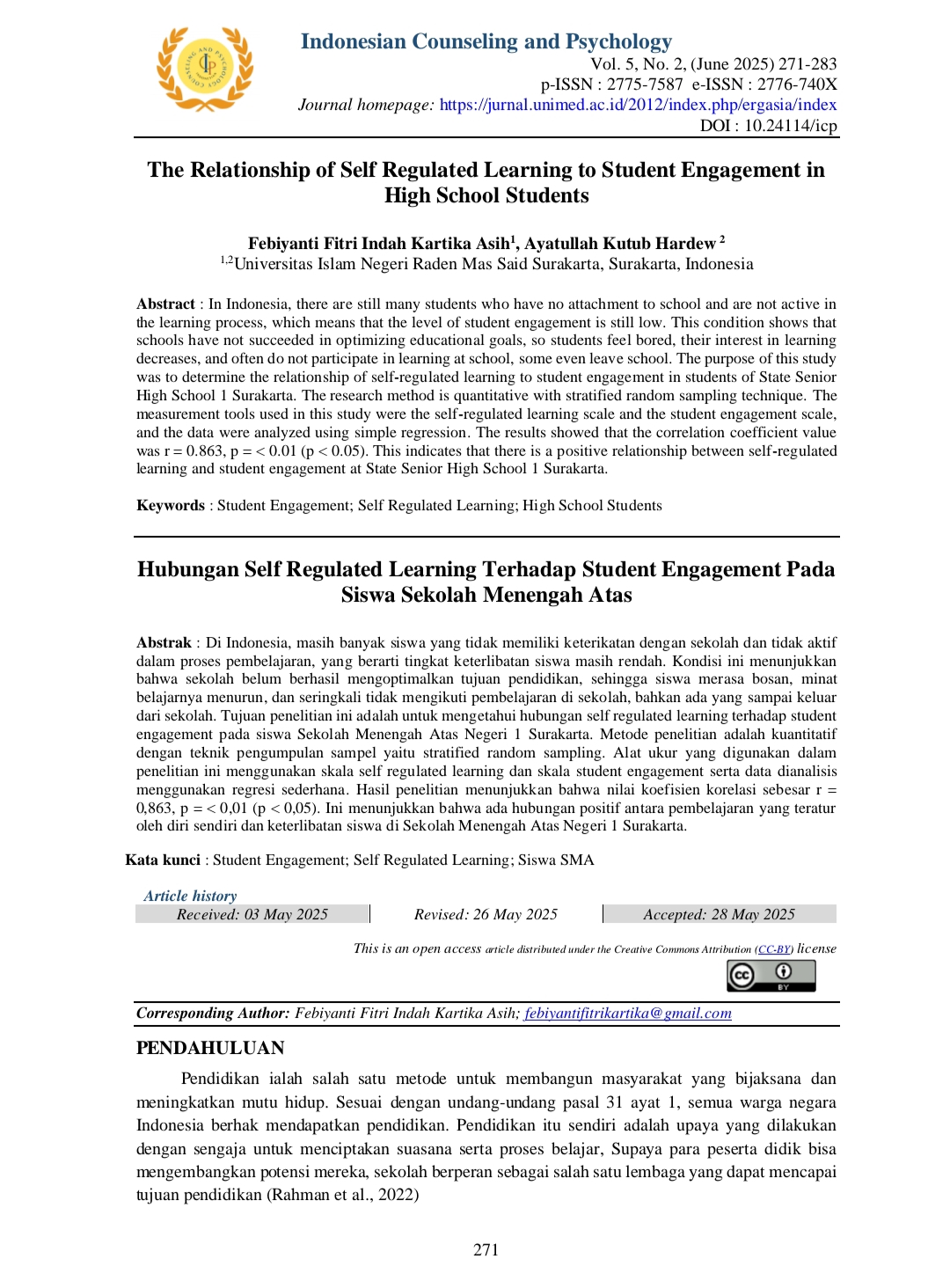 The Relationship of Self Regulated Learning to Student Engagement in High School Students