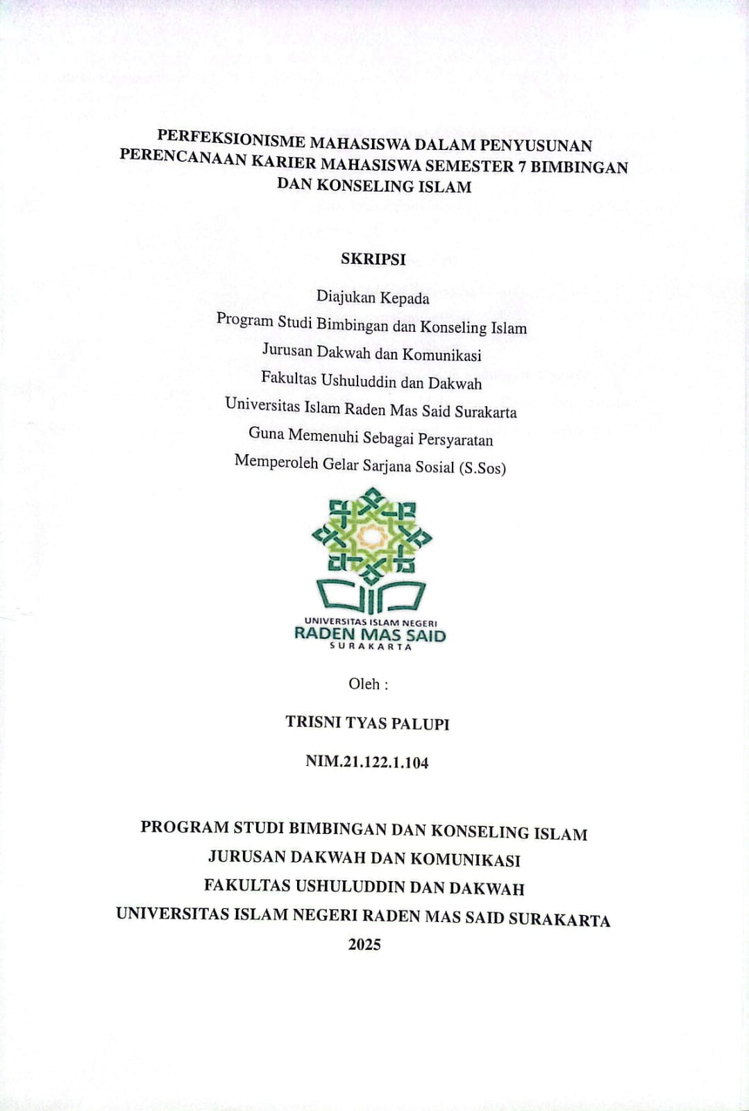 PERFEKSIONISME MAHASISWA DALAM PENYUSUNAN PERENCANAAN KARIER MAHASISWA SEMESTER 7 BIMBINGAN DAN KONSELING ISLAM