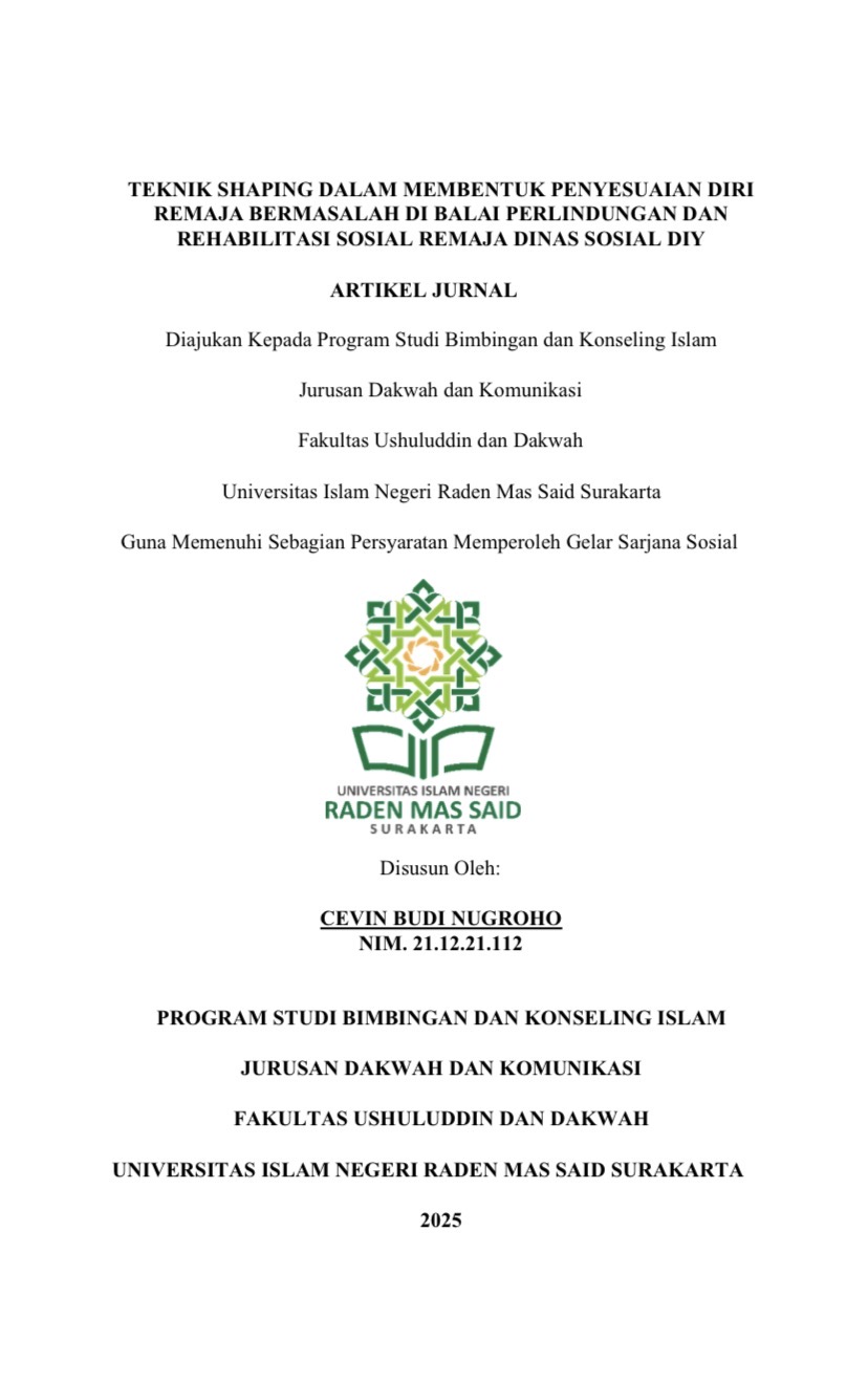TEKNK SHAPING DALAM MEMBENTUK PENYESUAIAN DIRI REMAJA BERMASALAH DI BALAI PERLINDUNGAN DAN REHABILITAS SOSIAL REMAJA DINAS SOSIAL DIY