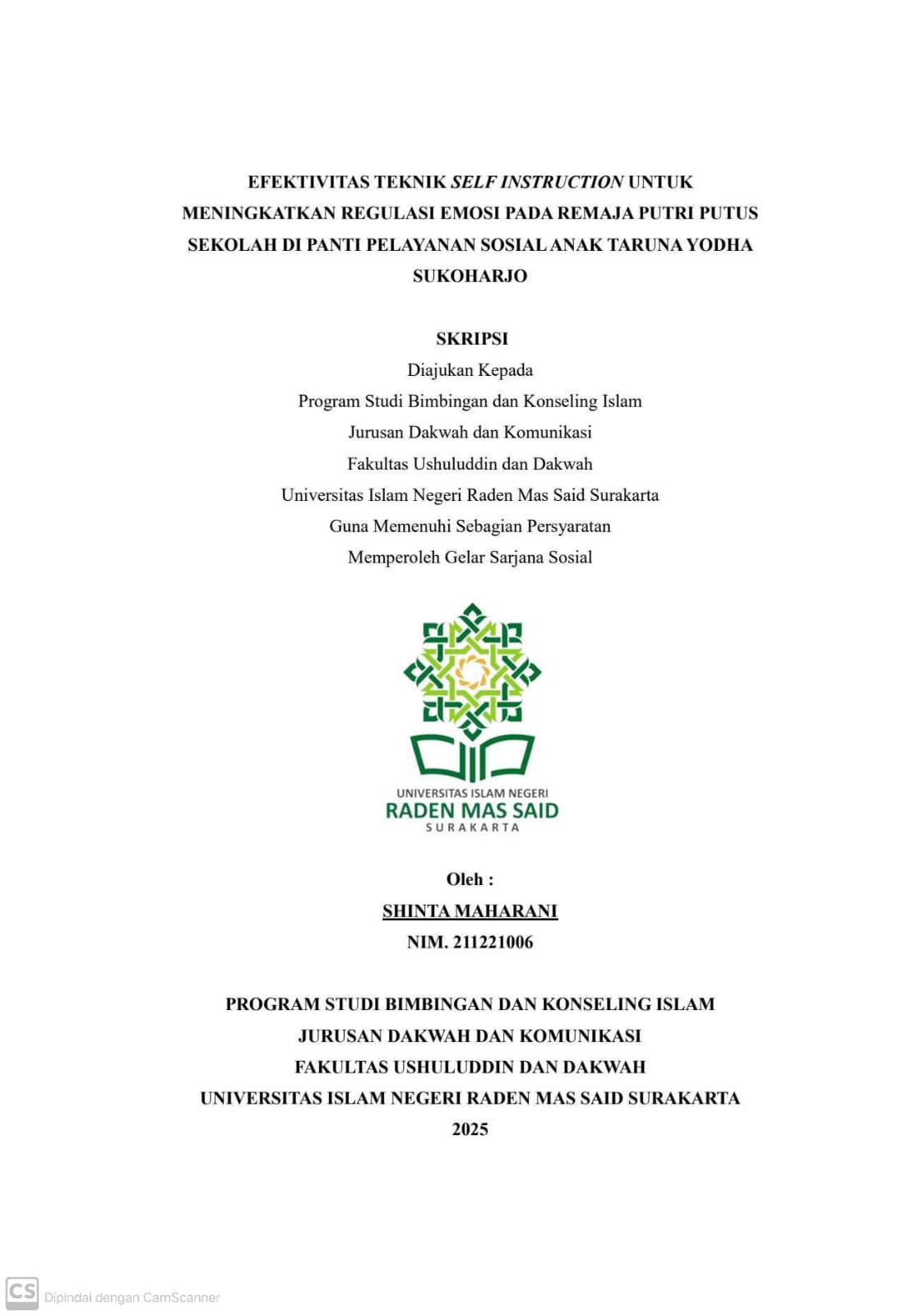 EFEKTIVITAS TEKNIK SELF INSTRUCTION UNTUK MENINGKATKAN REGULASI EMOSI PADA REMAJA PUTRI PUTUS SEKOLAH DI PANTI PELAYANAN SOSIAL ANAK TARUNA YODHA SUKOHARJO