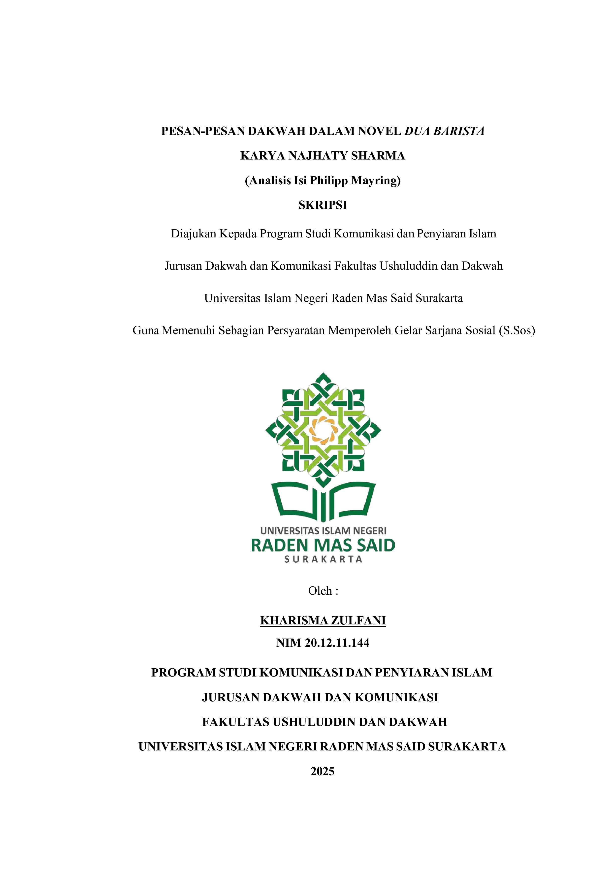 Pesan-Pesan Dakwah Dalam Novel Dua Barista Karya Najhaty Sharma (Analisis Isi Philipp Mayring).
